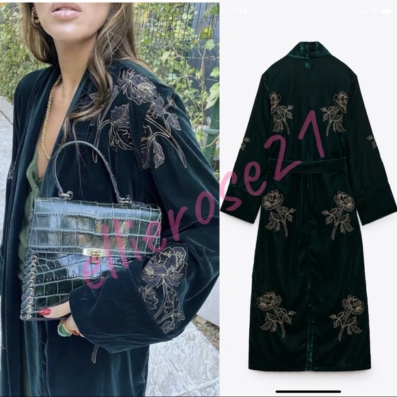 NWT ZARA Embroidered Velvet Kimono Dress Green Jacket L - Picture 2 of 9